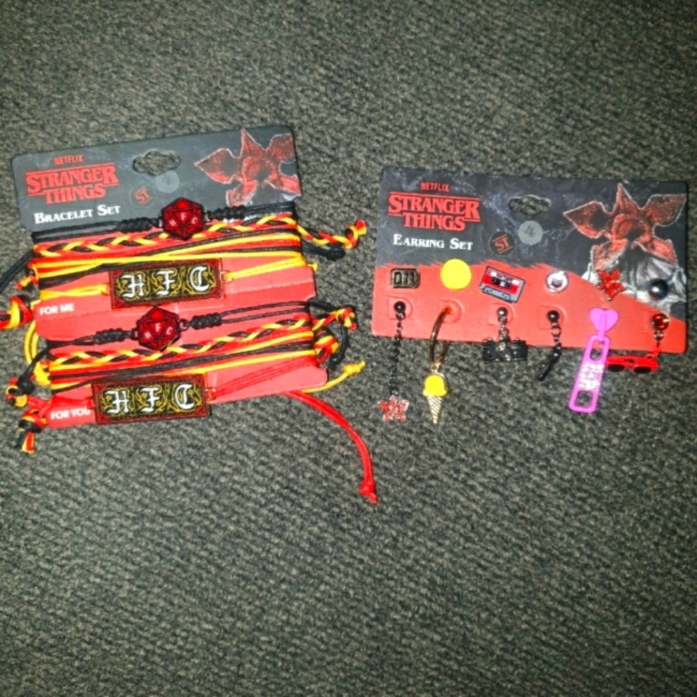 Stranger Things earrings & Hellfire Club Bracelets